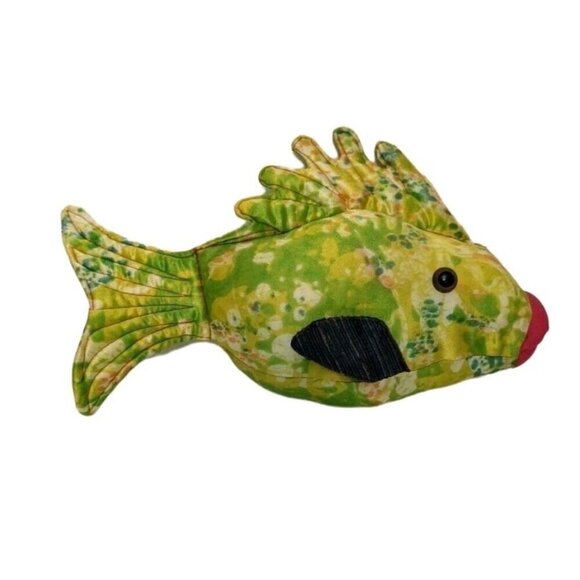 Handmade 14-Inch Quilted Fish Plush Pillow Vibrant Green & Yellow With Button Ey - Picture 1 of 7